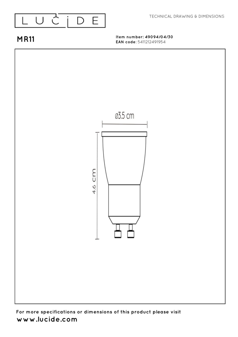 Lucide MR11 - LED žiarovka - Ø 3,5 cm - LED Rozm. - GU10 - 1x3,8W 2700K - Čierny